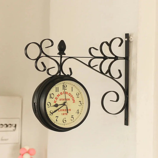 Black Antique Metal Double Sided Wall Clock Furnish Wise