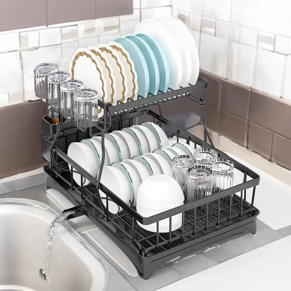 Black Dish Rack with Utensil Holder and Glass Holder