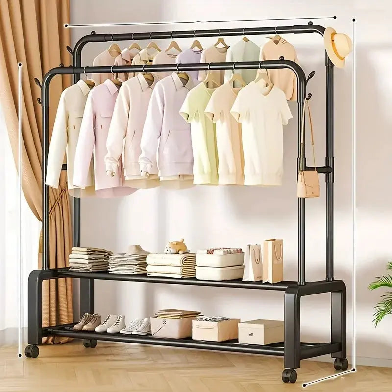 Rolling Double-Layer Double-Rod Vertical Retail Clothing Rack, Shoe & Hat Rack, Coat Rack, Garment Rack with Shelves and Wheels Furnish Wise
