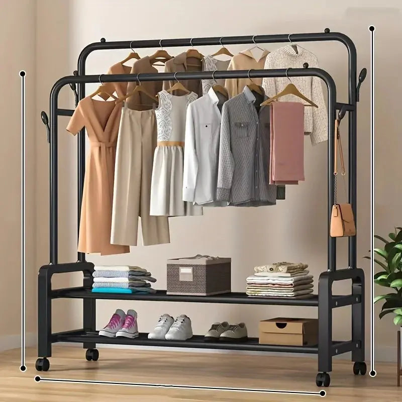 Rolling Double-Layer Double-Rod Vertical Retail Clothing Rack, Shoe & Hat Rack, Coat Rack, Garment Rack with Shelves and Wheels Furnish Wise