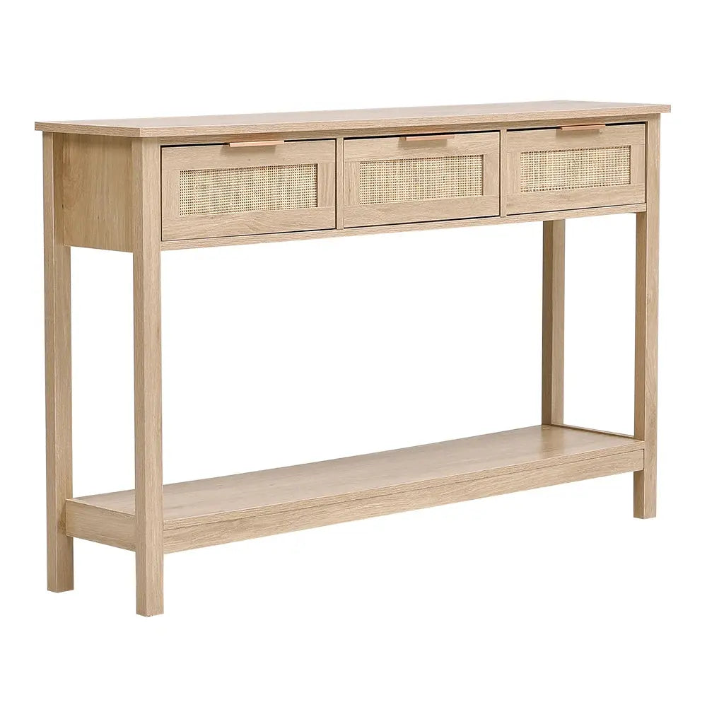 Rustic Wood Console Table with 3 Rattan Drawers