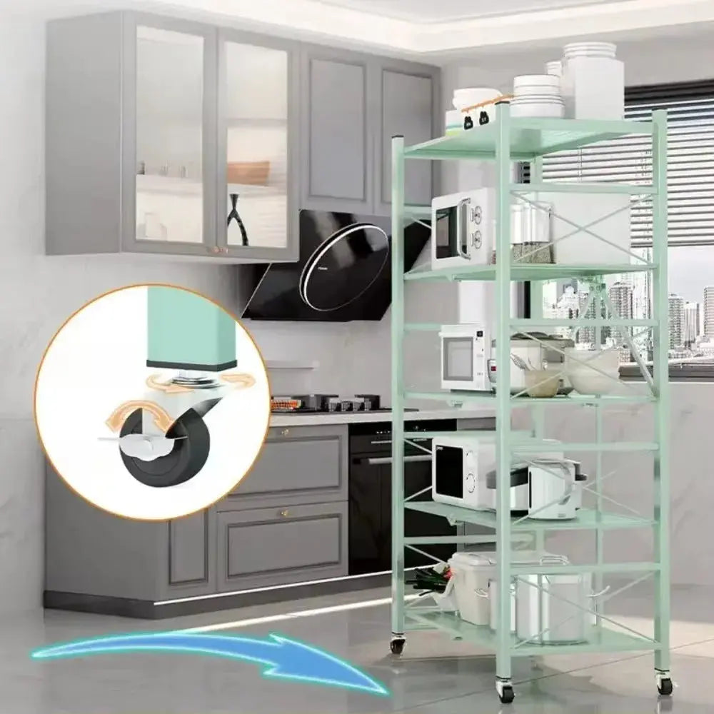 Foldable Large Kitchen Storage Rack, Bookshelf  - Multilayer Iron Frame with Wheels, Movable Multifunctional Display Shelf Furnish Wise
