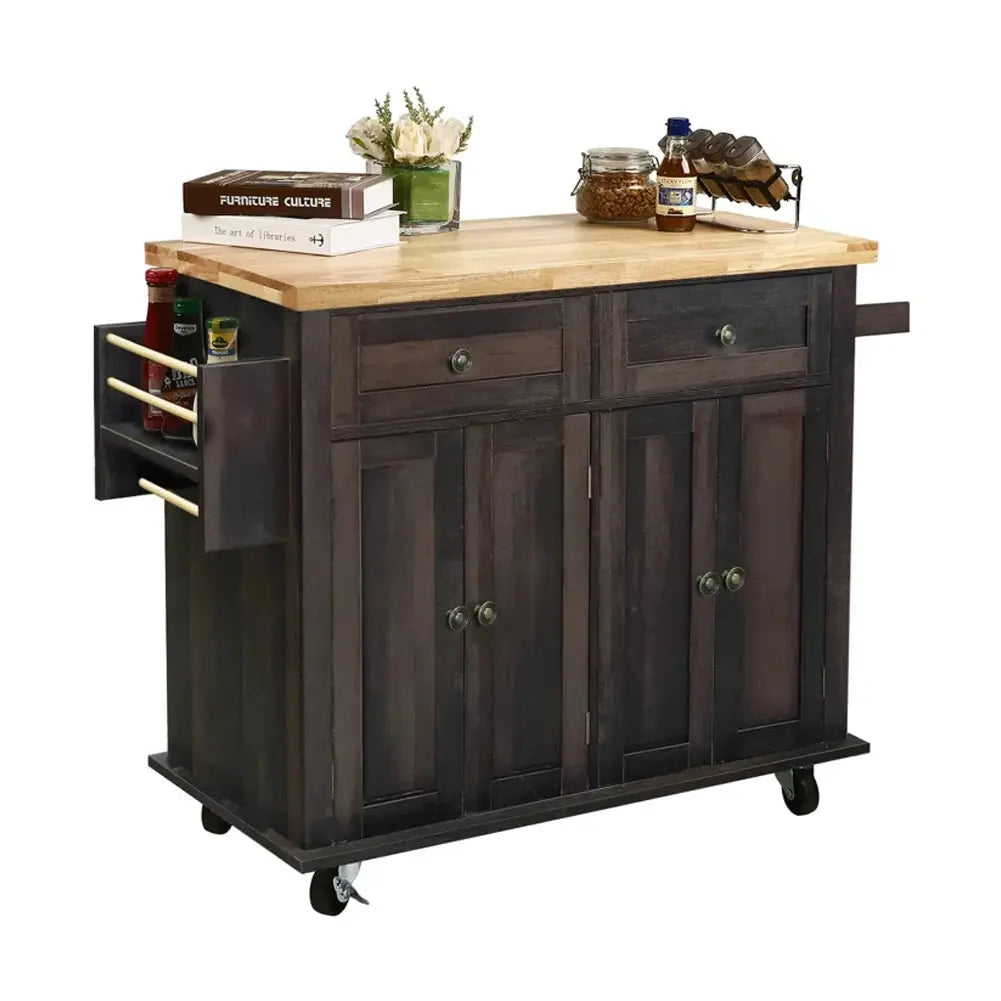 Wooden Kitchen Island Cart on Wheels with Storage Cabinets