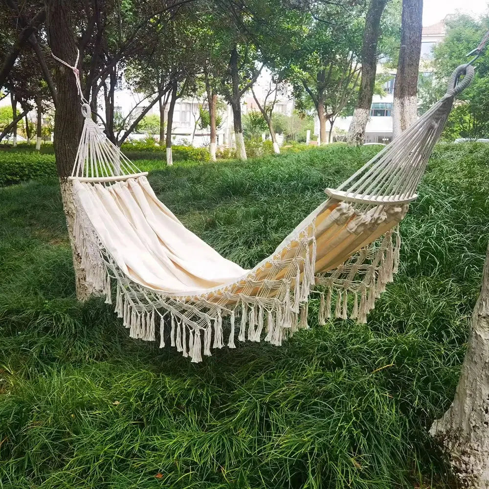 2 Person Beige Camping High Load Bearing Hammock with Tassles