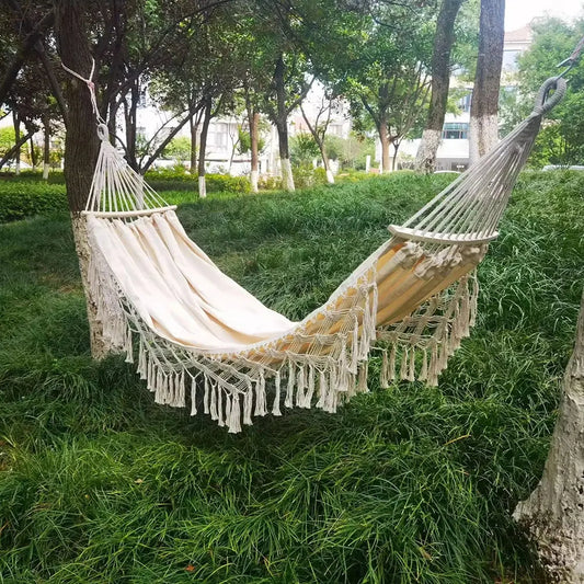 2 Person Beige Camping High Load Bearing Hammock with Tassles