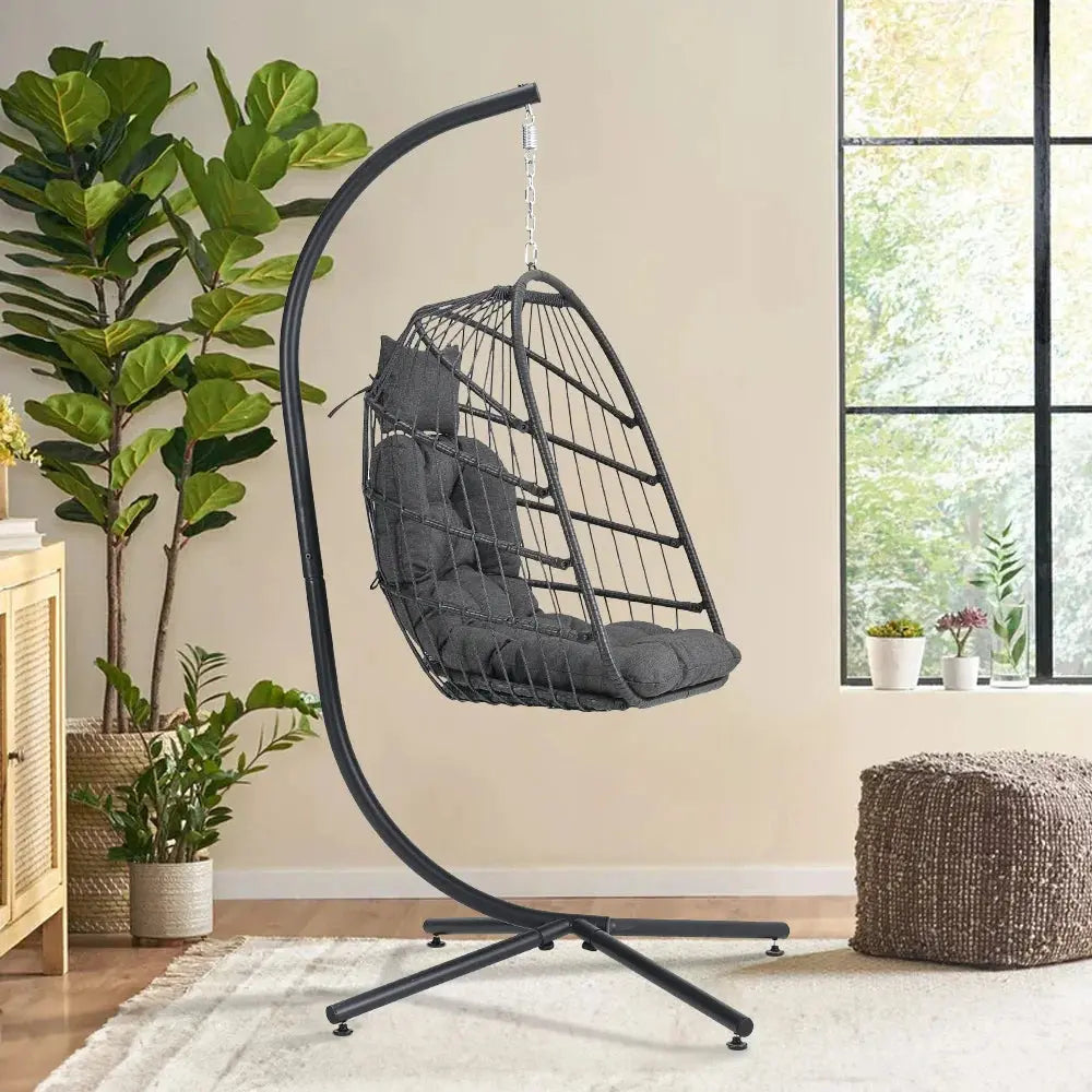 Hanging Egg Shaped Rattan Swing Chair with Stand and Cushion Furnish Wise