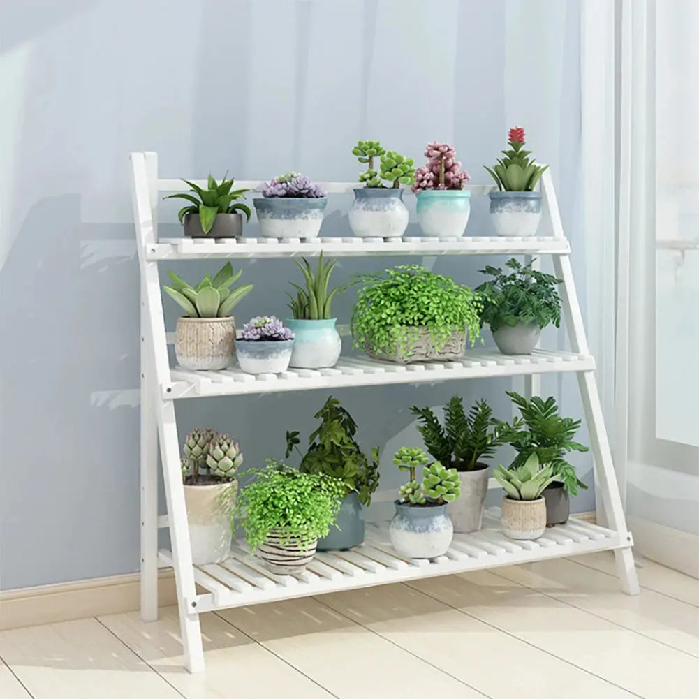 3-Tier Foldable Wooden Ladder Shelf White