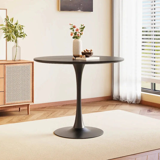 Modern Round Wooden Table with Metallic Base Furnish Wise