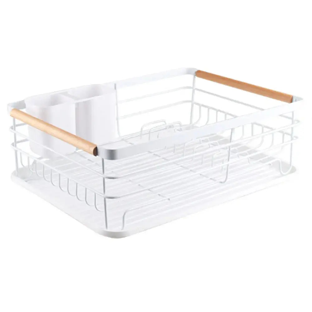 Iron Dish Drainer with Detachable Drip Tray, Wooden Handle and Ventilation System