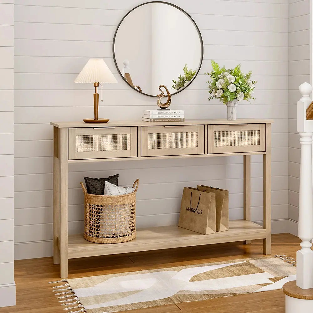 Rustic Wood Console Table with 3 Rattan Drawers
