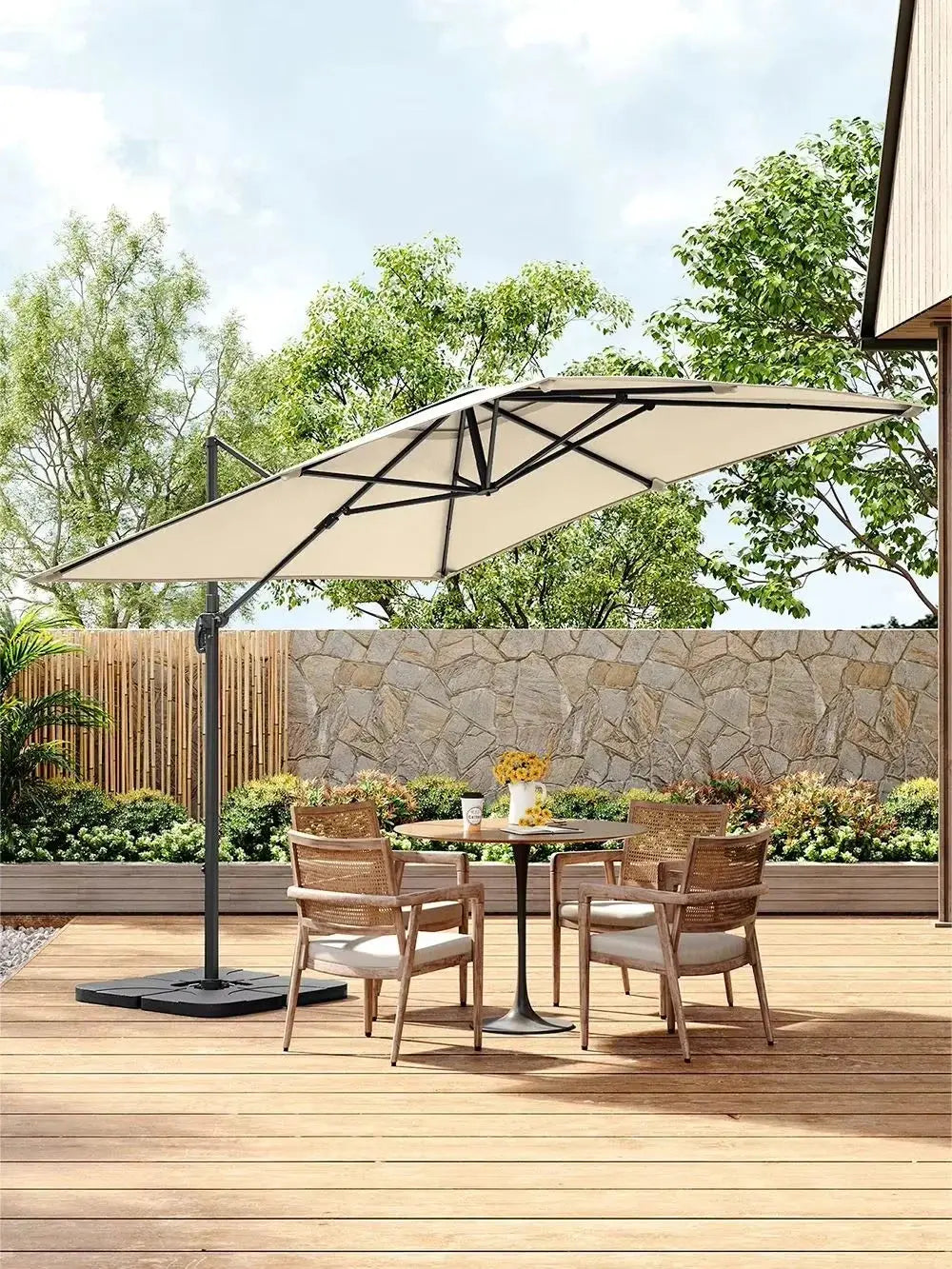 3m Large Garden Roma Tilting Aluminium Cantilever Parasol With Cross Base, Beige