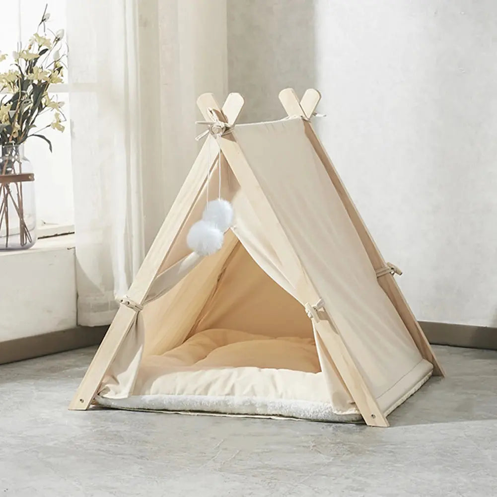 Cozy Pet Tent Teepee with Thick Cushion & Wooden Frame