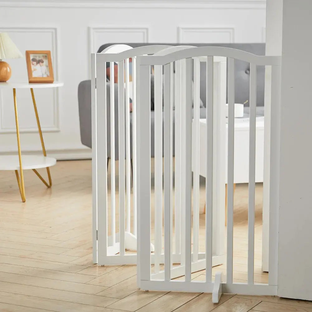 Wood Durable Free Standing Folable Pet Gate Fence, White 4 Panels