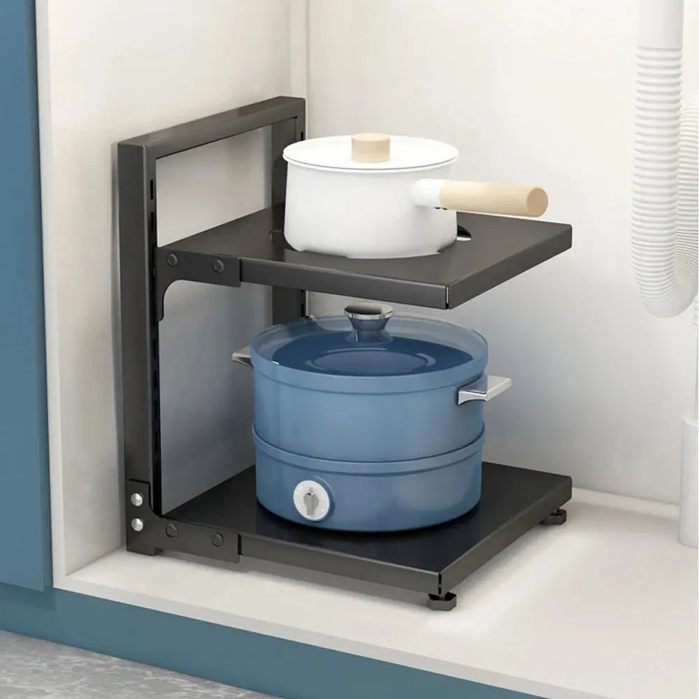 Multi-Tier Height-Adjustable Kitchen Pan Organizer Rack 180-degree Open Access