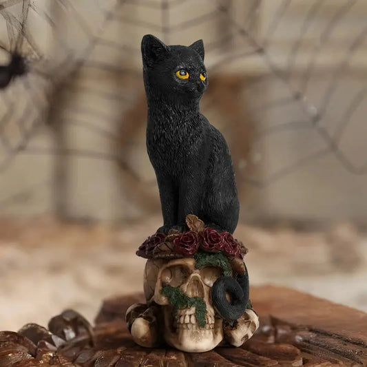 Resin Skull Head Sculpture Crow Black Cat Statue Figurine Creative Desktop Skull Figurine Home Office Decor Gift Furnish Wise