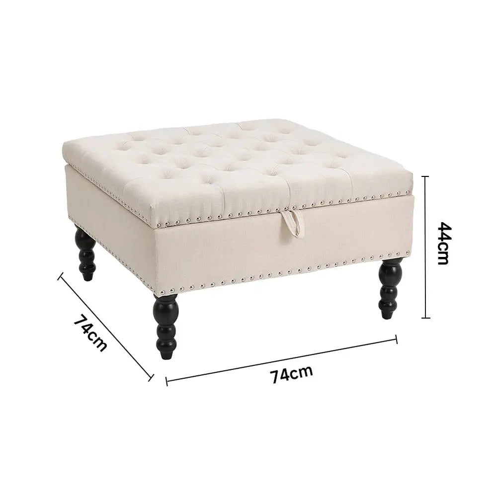 Square Tufted Linen Storage Ottoman