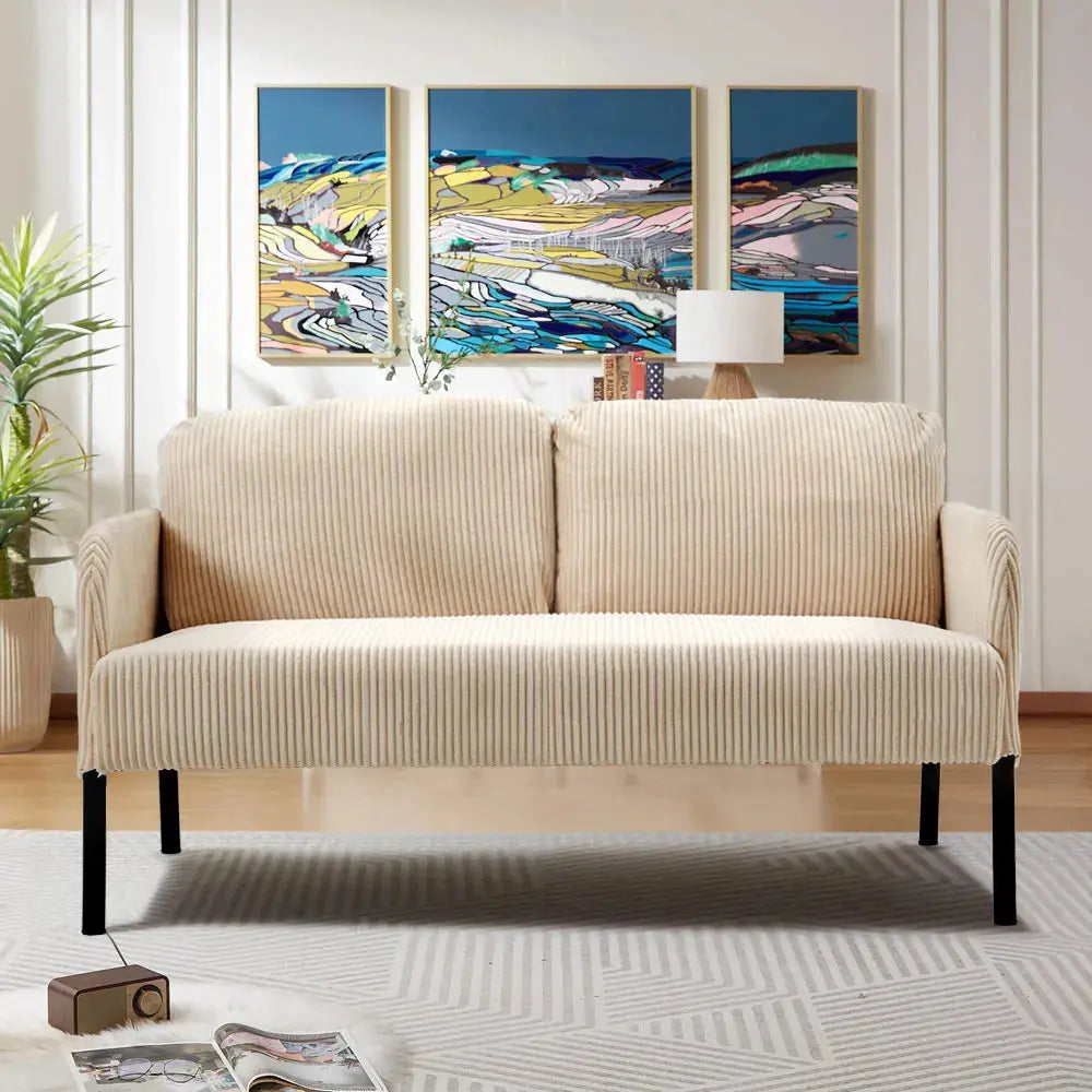 2-Seat Beige Corduroy Sofa with Armrests And Wooden Legs Furnish Wise