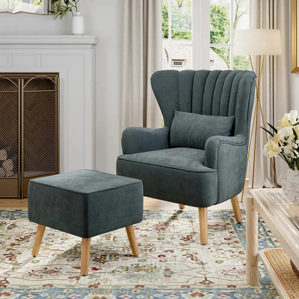 Suede Wingback Armchair with Footstool and Lumbar Pillow Furnish Wise
