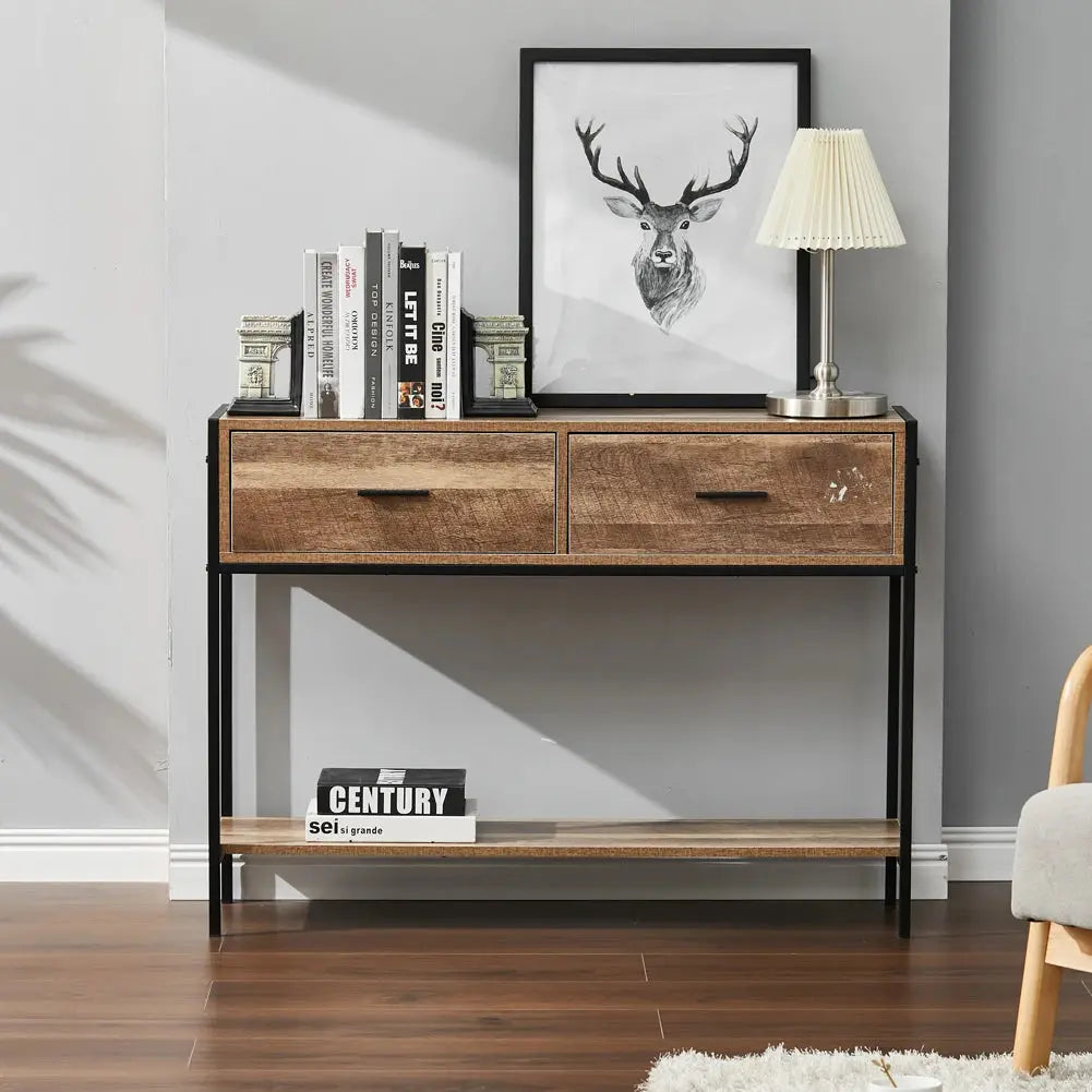Rustic Brown Console Table With 2 Drawers And Shelves