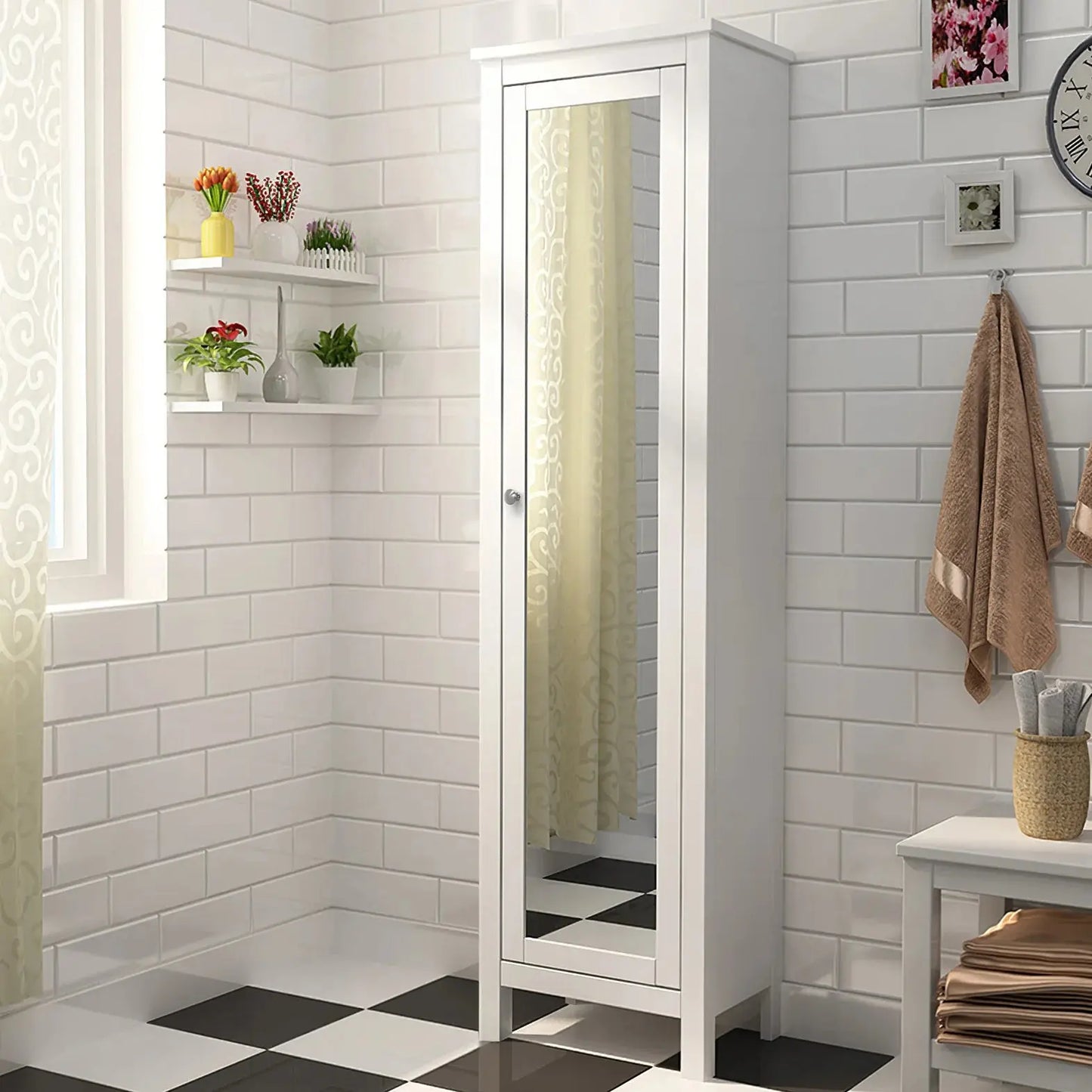 Slim White Tall Cabinet with Mirror Door Five Adjustable Shelves
