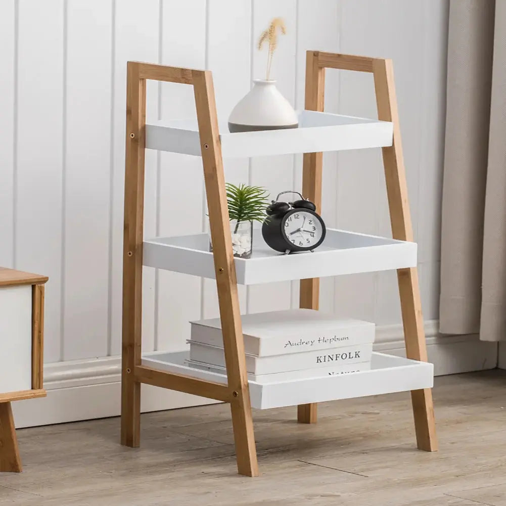 3 Tier Wood Ladder Storage Display Stand with Gold Edge