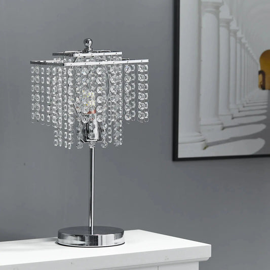 Modern Bedside Square Crystal Table Lamp Chrome Base Furnish Wise