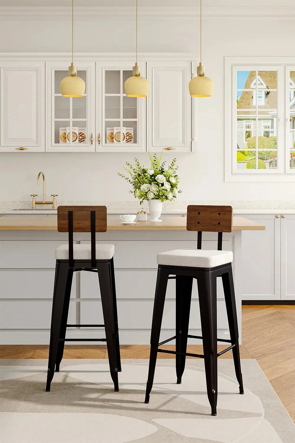 2-Piece Metal Breakfast Bar Stools with Cushions and Backrest Furnish Wise