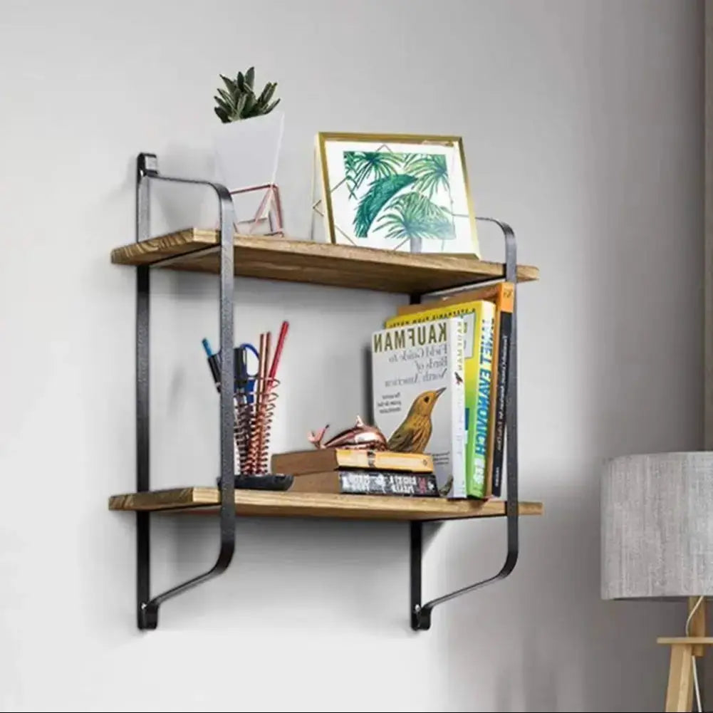 2 Tier Wall Mounted Metal Frame Wood Storage Shelf