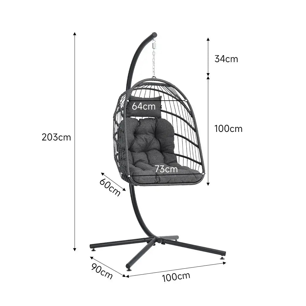Hanging Egg Shaped Rattan Swing Chair with Stand and Cushion Furnish Wise