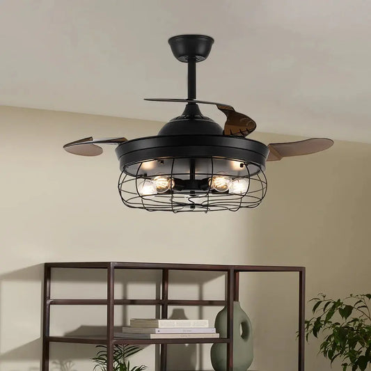 Black Cage Style Ceiling Fan with Lights Furnish Wise