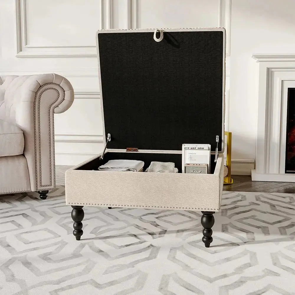 Square Tufted Linen Storage Ottoman