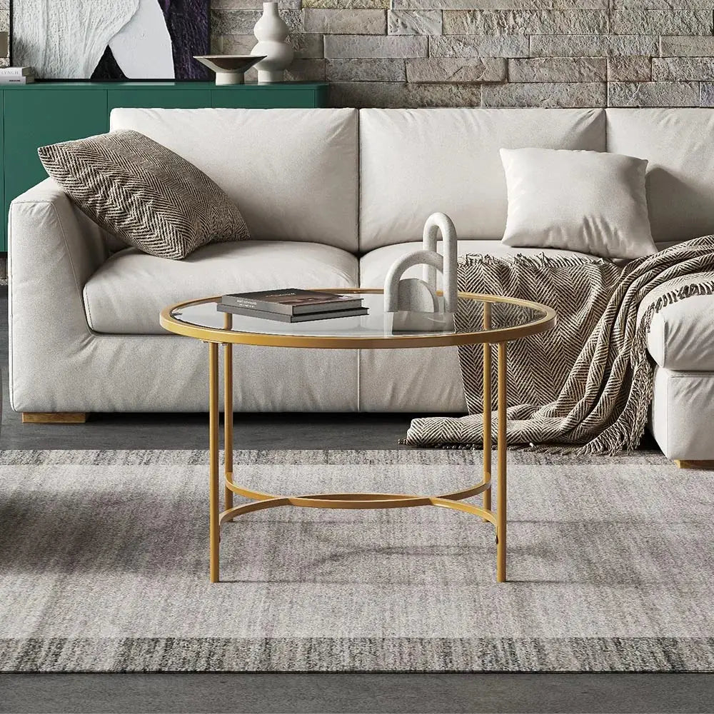 Gold Modern Round Tempered Glass Coffee Table Furnish Wise
