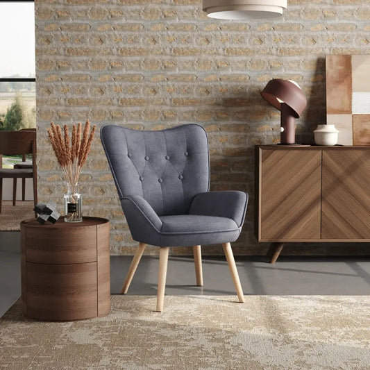 Elegant Grey Linen Tufted Back Armchair with Plush Cushioning Furnish Wise