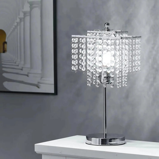 Modern Bedside Square Crystal Table Lamp Chrome Base Furnish Wise