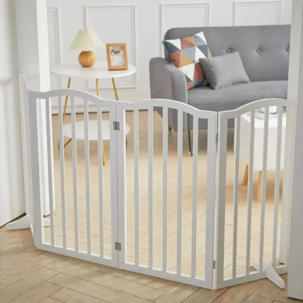 Wood Durable Free Standing Folable Pet Gate Fence, White 4 Panels