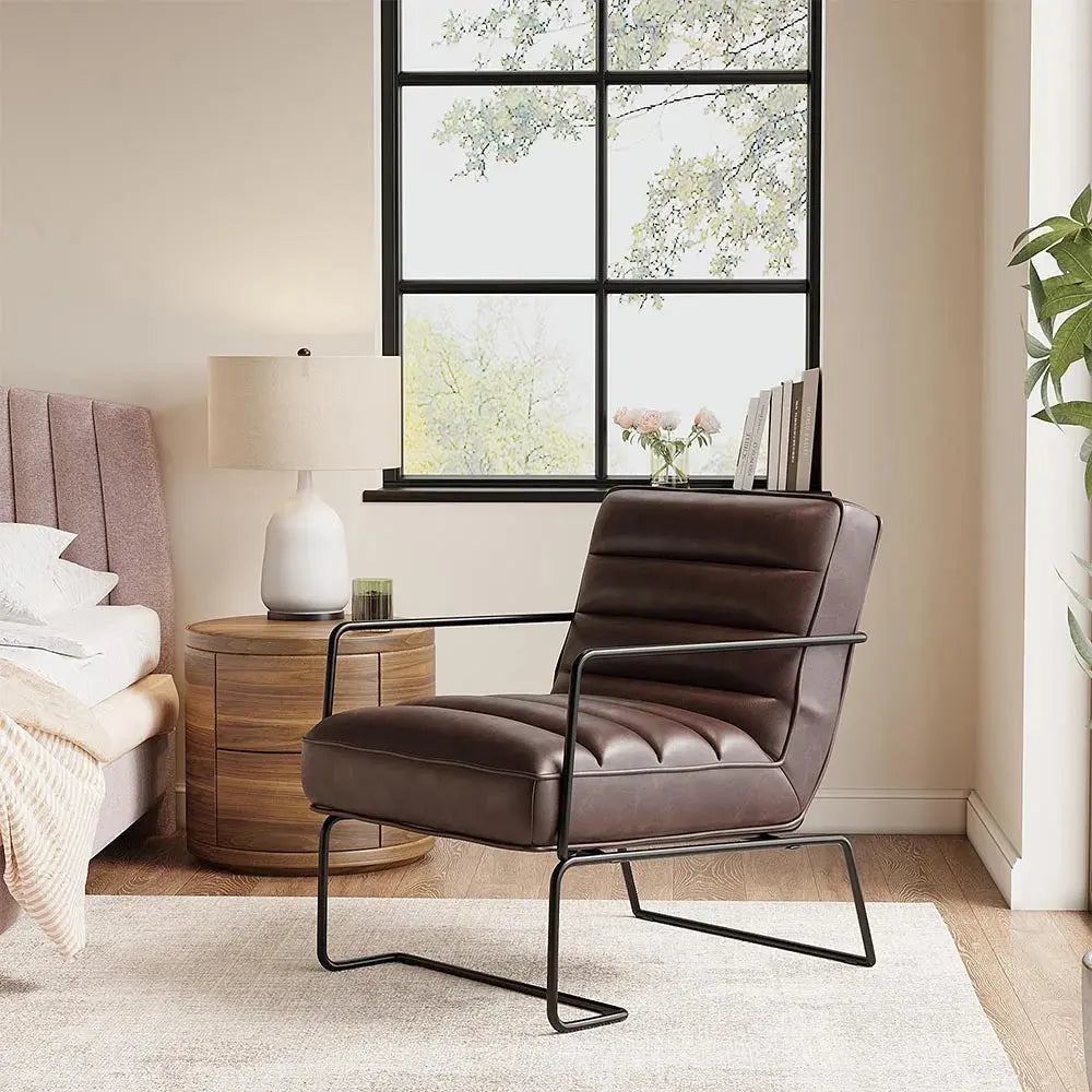 Mid-Century PU Leather Linen Armchair with Metal Base
