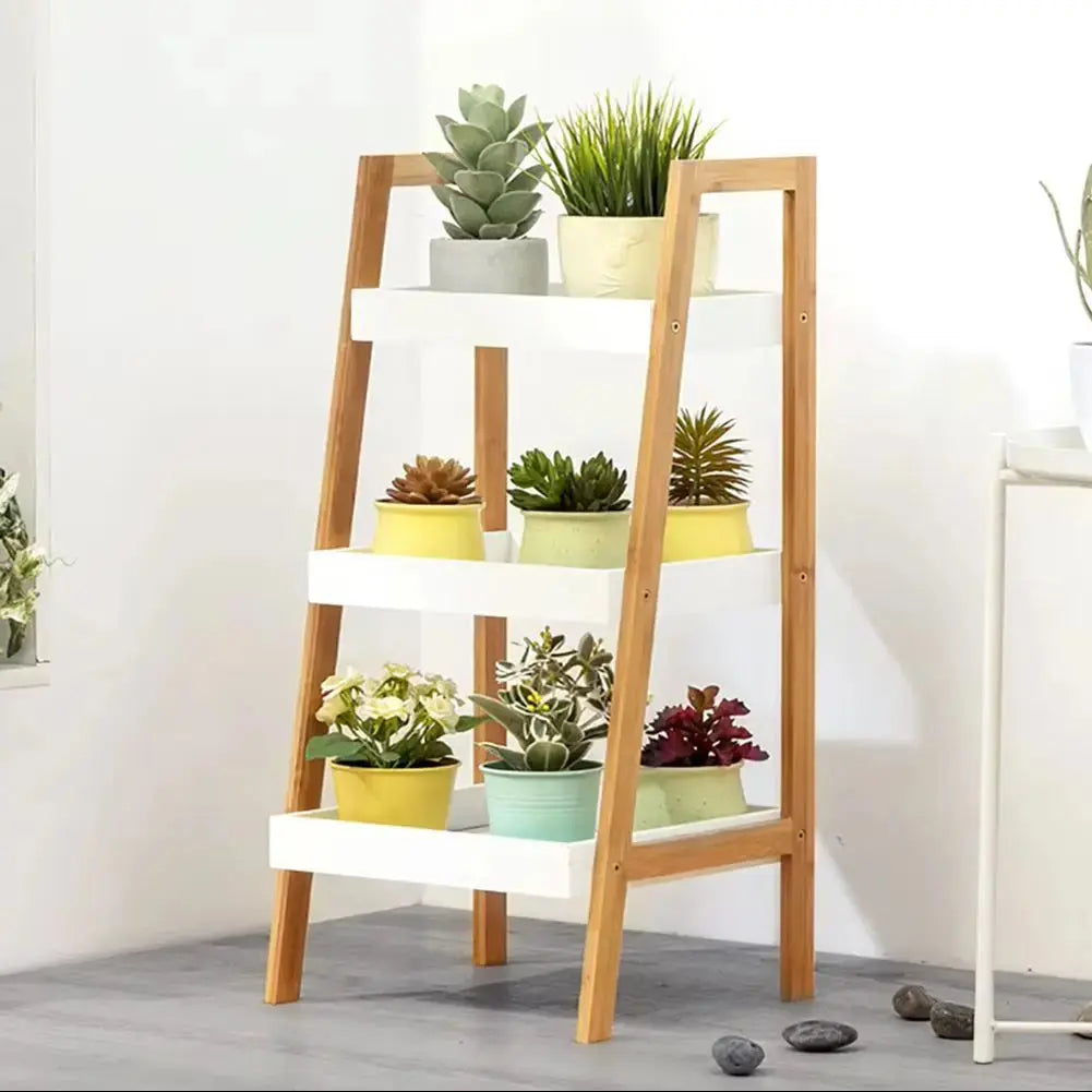 3 Tier Wood Ladder Storage Display Stand with Gold Edge