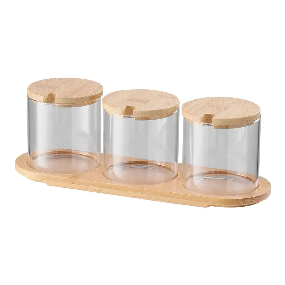 3-Piece Glass Spice Jars Seasoning Box Set with Bamboo Spoons