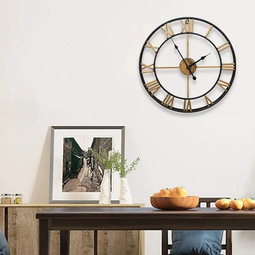 Black Metal Quartz Round Roman Wall Clock Furnish Wise