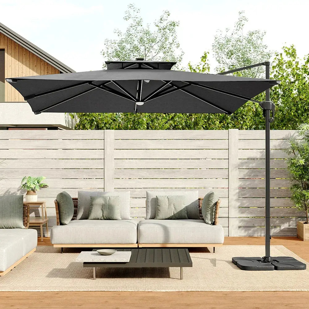 3m Dark Grey Garden LED Light Parasol Outdoor Umbrella with Cross Base