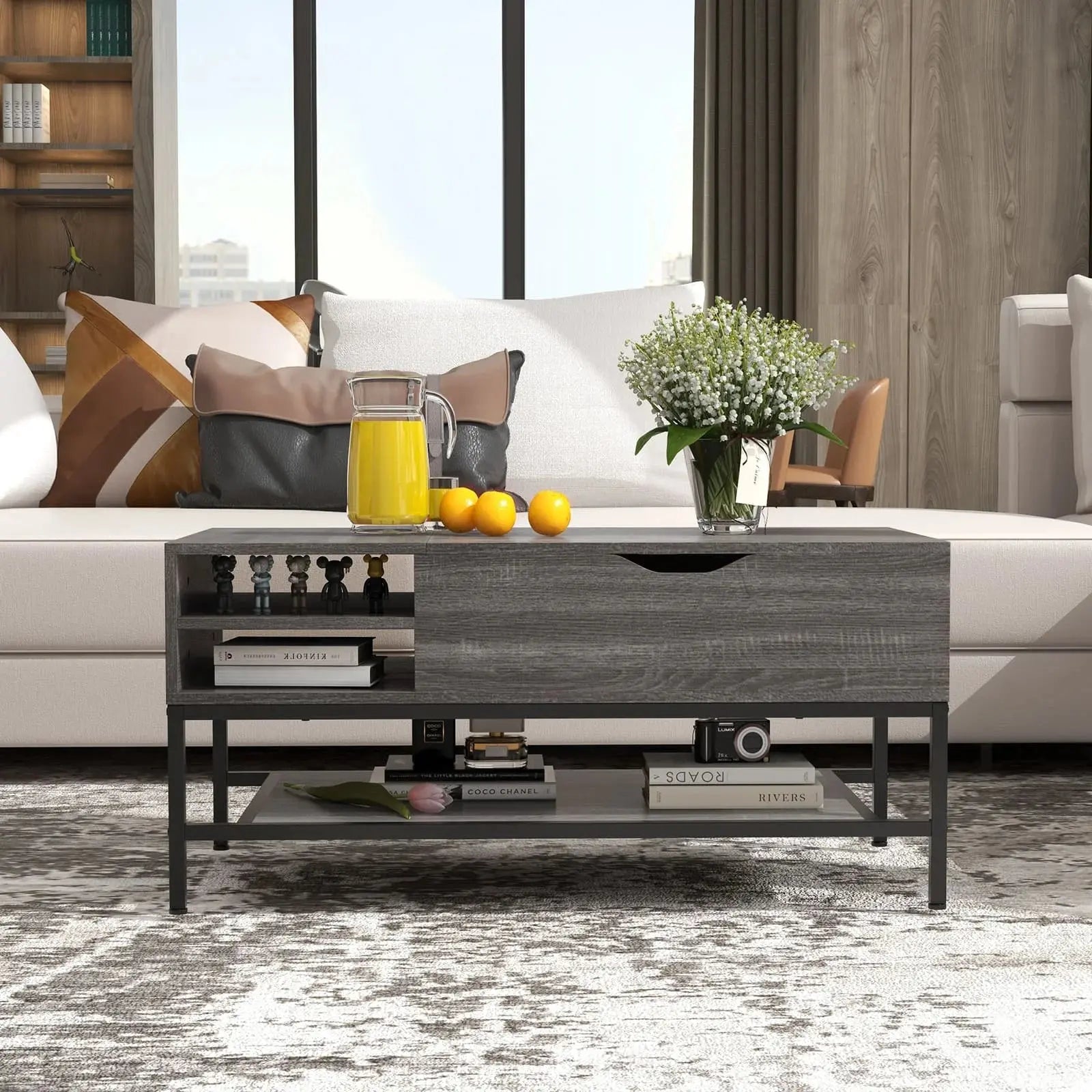 Lift Top Coffee Table with Storage Shelf Furnish Wise