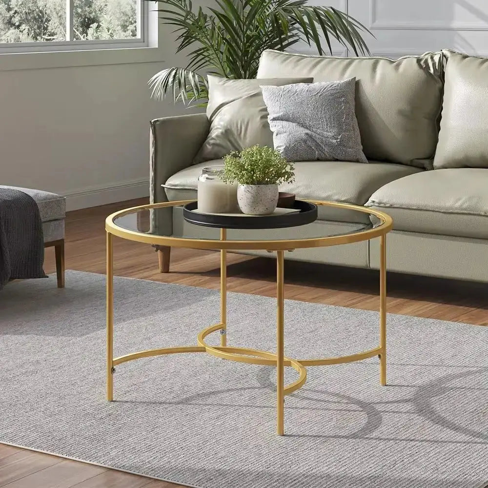 Gold Modern Round Tempered Glass Coffee Table Furnish Wise