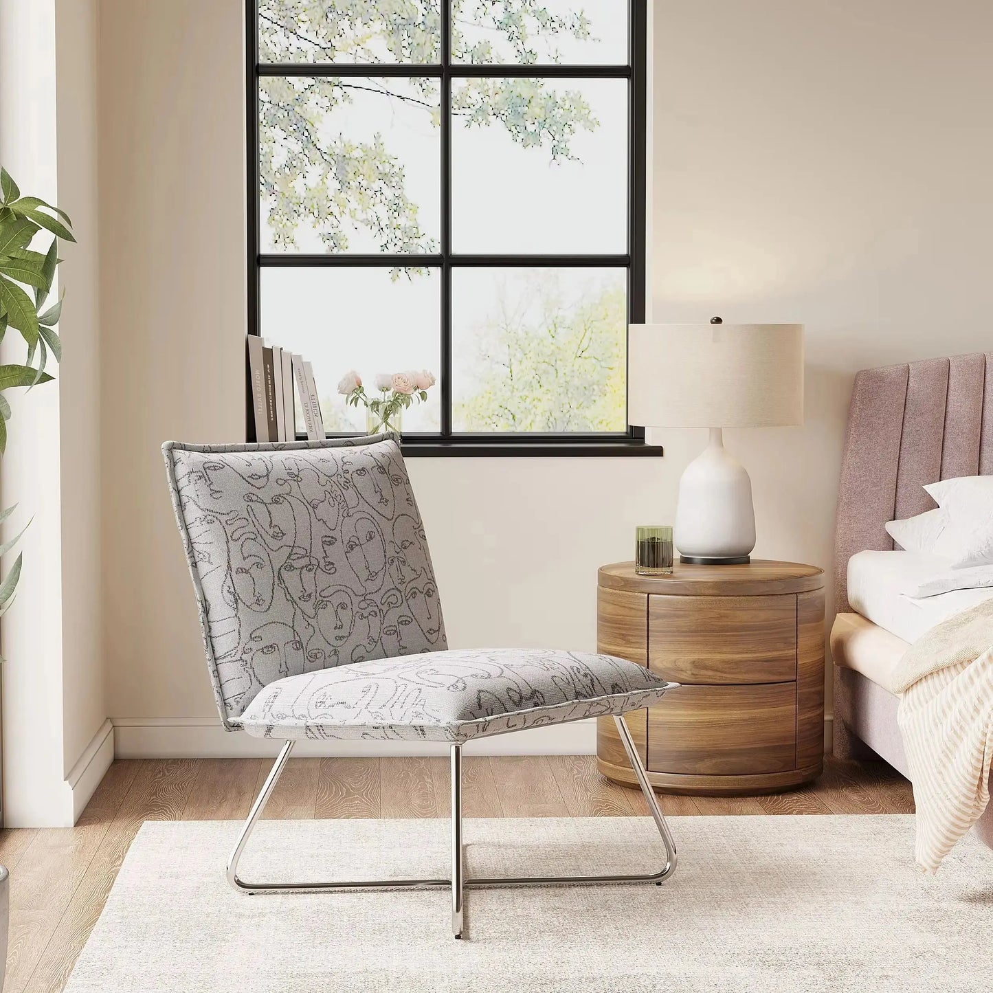 White Modern Linen Accent Chair with Metal Base