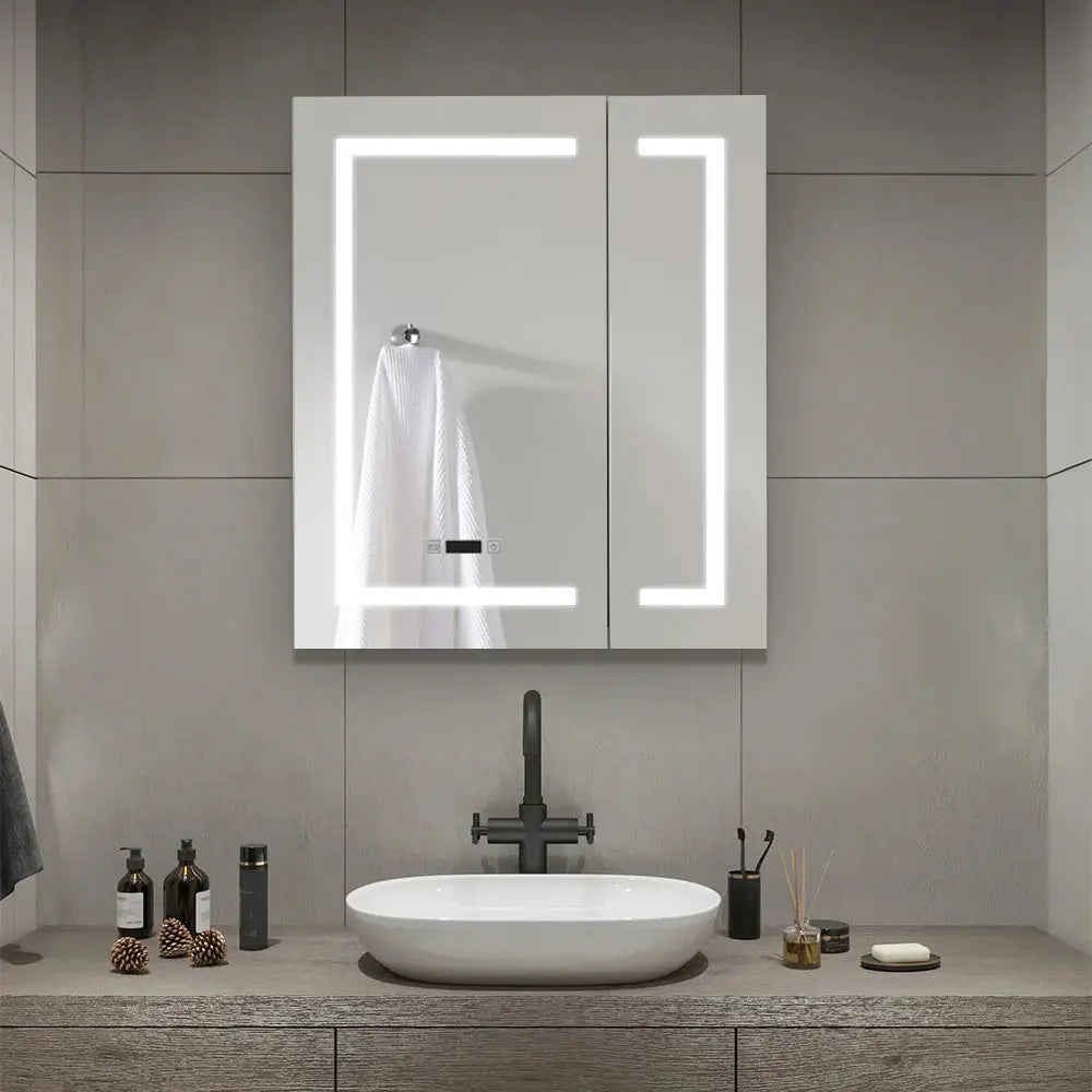 Frameless 2-Door LED Bathroom Mirror Cabinet with Clock Display
