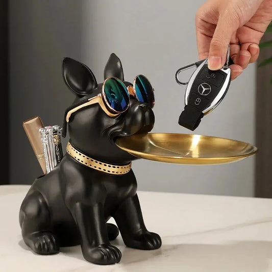 Resin Bulldog Desktop Storage Statue Animal Sculpture Dining Table Decor Multi Functional Office Home Decoration Tray Decor Furnish Wise