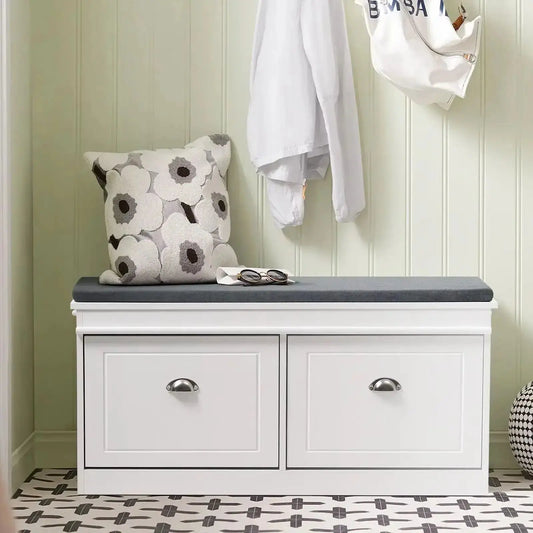 White 2 Drawer Flip Down Wooden Shoe Bench Cabinet with Soft Cushions Furnish Wise