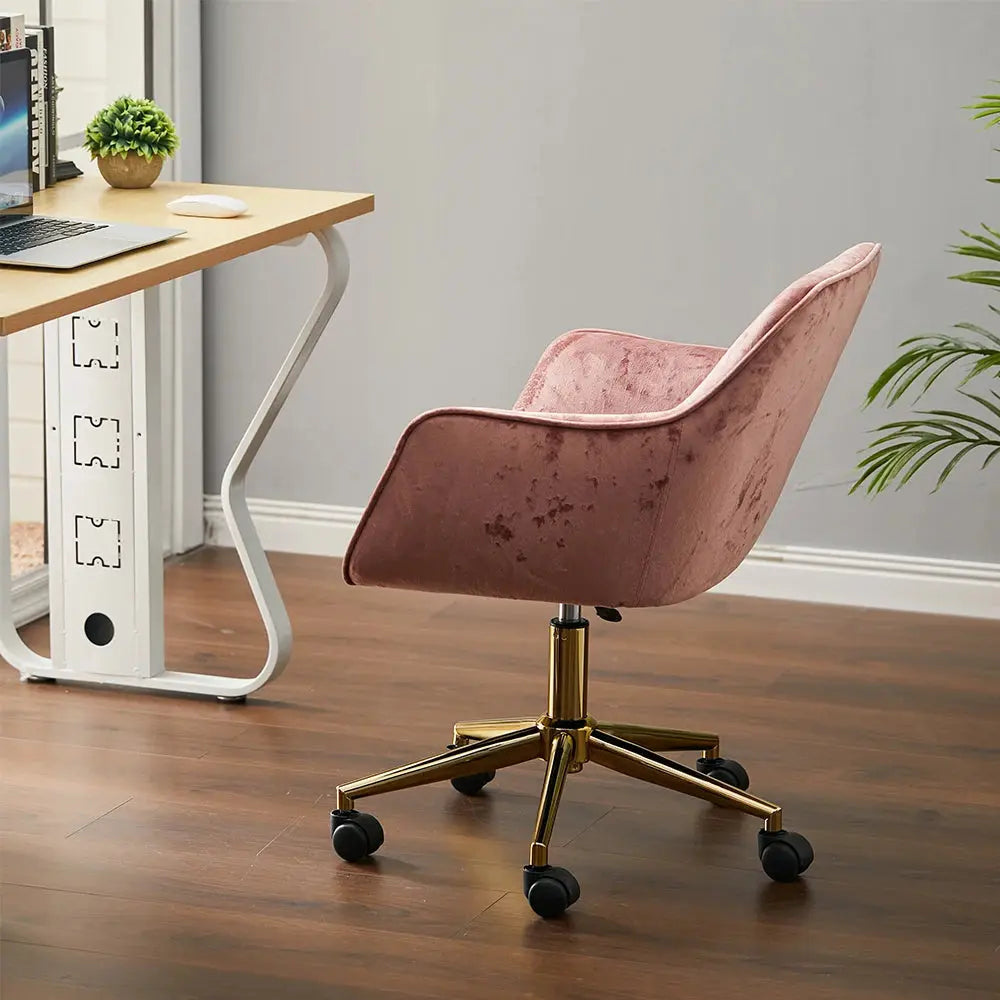 Velvet Upholstered Home Office Swivel Task Chair with Gold Base