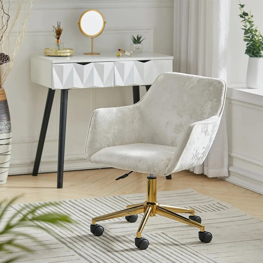 Velvet Upholstered Home Office Swivel Task Chair with Gold Base