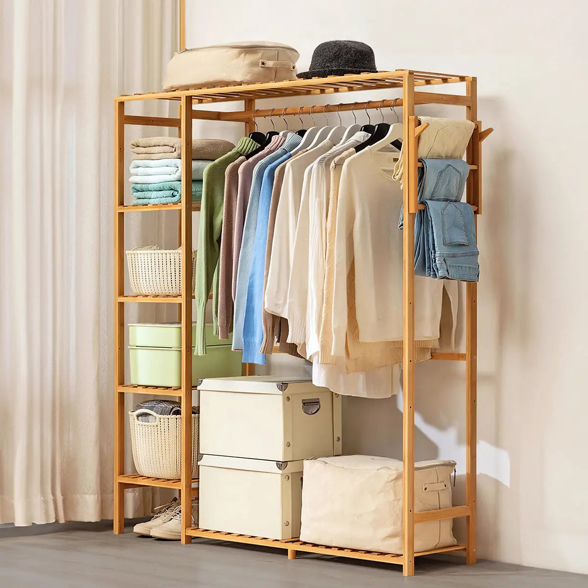 Wooden Clothes Rack with Hooks